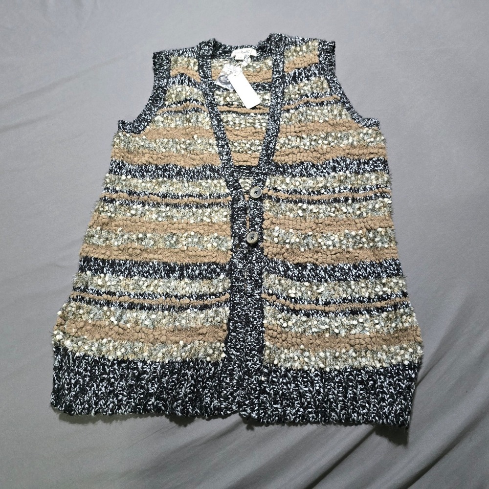new Simply Noelle Knit Vest Womens S/M Black Tan Striped Popcorn Textured
